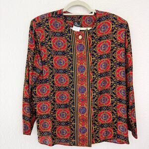 Ali Miles Womens Button Blouse Top Size 10 Flowy Classic Office Geop Print Red